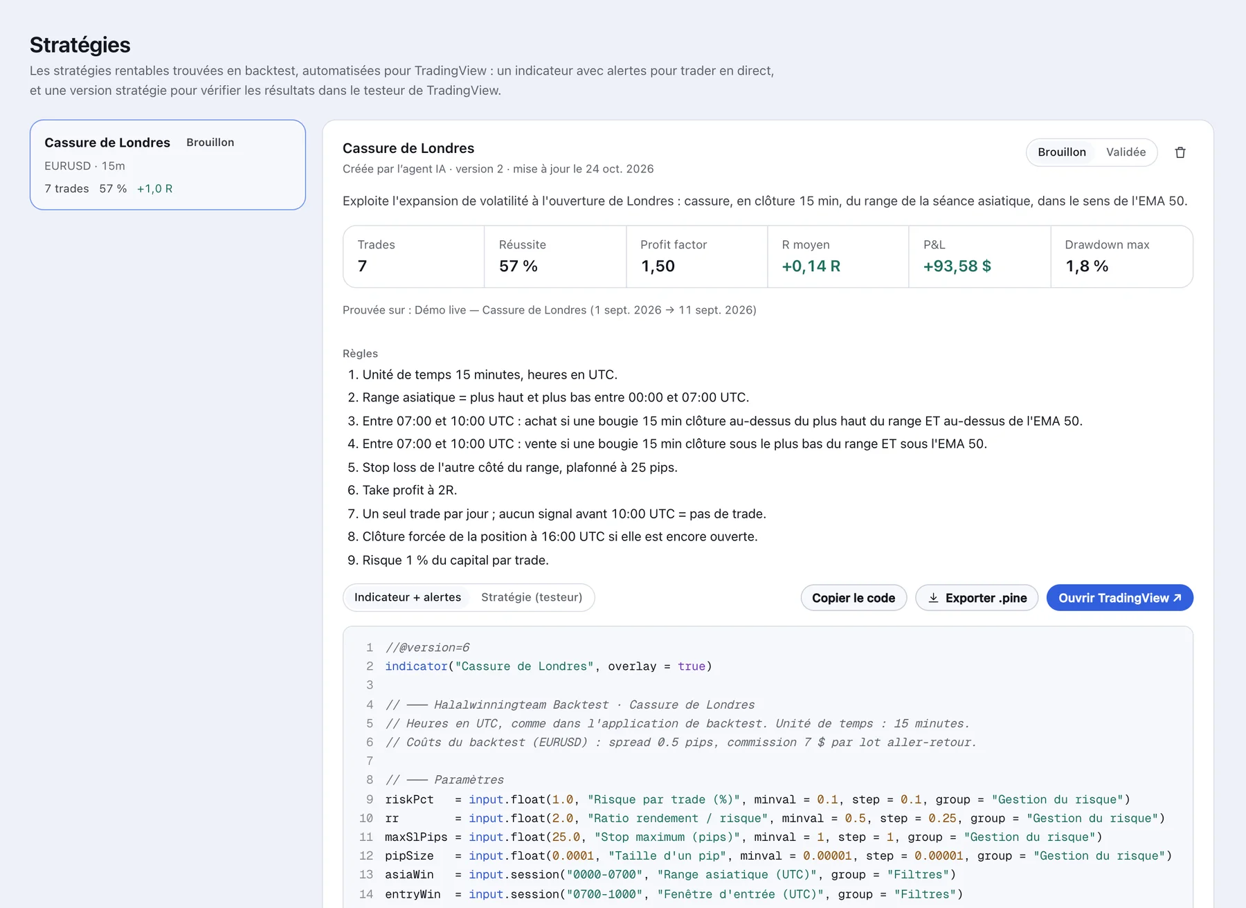 Page Stratégies : les règles d’une stratégie et son code Pine Script
