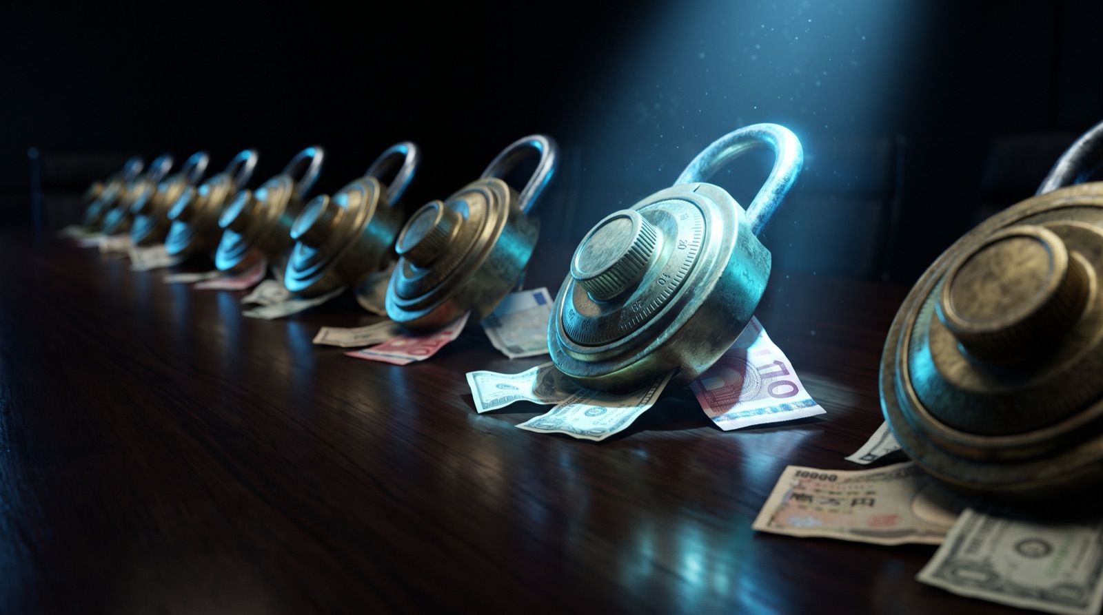 Rangée de cadenas de coffre-fort à combinaison en laiton sur une table sombre, posés sur des billets de dollar, d’euro et de yen, l’un d’eux éclairé par un faisceau bleu froid