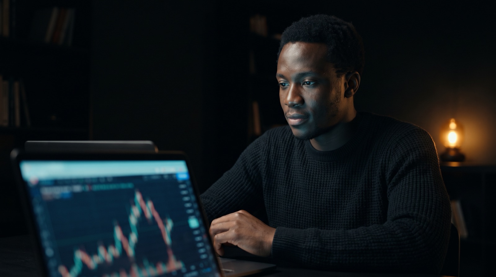 Un trader concentré devant son ordinateur portable, le soir